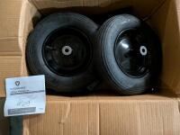 As New Parts to a Yardworks 2 Wheel Wheelbarrow. Wheels are 350-8. Does not include Bucket or Handles of Wheelbarrow.