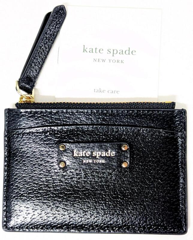 As-New KATE SPADE Small Zip Card Holder, WLRU5585, Jeanne, Black (001), 4 5" &times; 3.15" With Wrist Strap