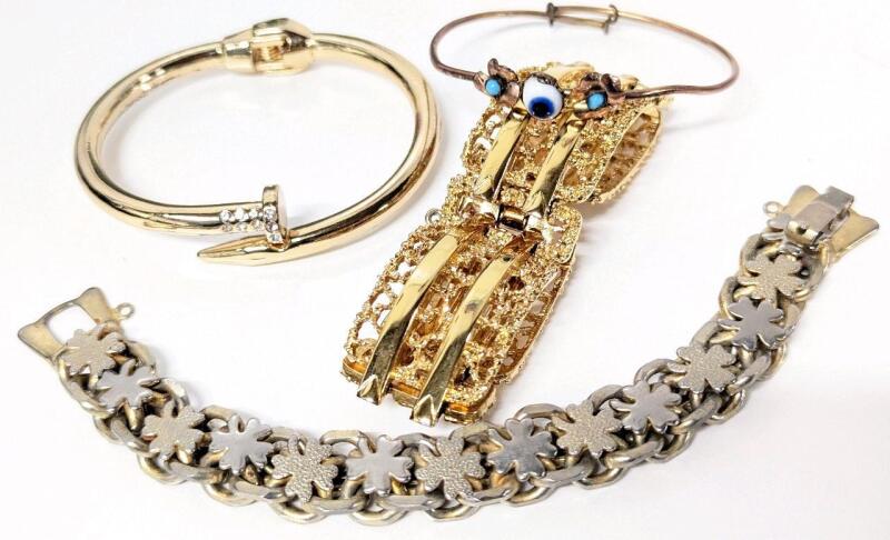 4 Vintage to Modern Bracelets : 7" Shamrock Links, 1" Wide Filigree Bars Bracelet With Safety Chain, 2" Diameter Hamsa Evil Eye, Hinged Rhinestone Nail