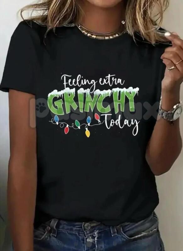 New Women&rsquo;s Size Large Feeling Grinchy Today T-Shirt &ndash; Funny Dr. Seuss Inspired Christmas Graphic Tee Machine Short Sleeve Washable 95% Polyester 5% Spandex stock photo added
