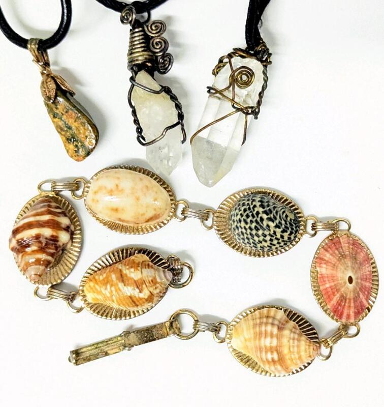 3 Vintage Stone Necklaces: Jasper Stone on Cord, 2&times; Wire-Wrapped Quartz Wands on Cords + MCM 6-Station Shell Bracelet 7"