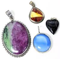 4 Pendants: Large 1.75" Zoisite Pendant Stamped 925, Amber & Insert Pendant in 925 Sterling, Art Glass & Small Carved Wood Heart
