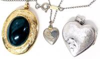 Vintage Signed & Stamped STER(ling) Silver Heart Locket, Oval Locket With Green Center Stone & Signed CORO Tiny Heart Pendant on 15" Chain With Kinks