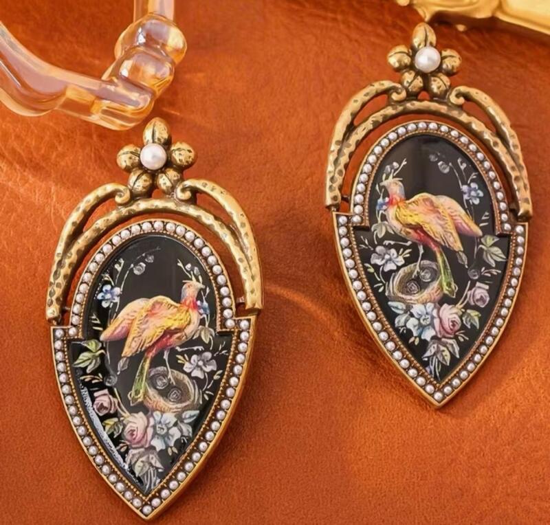 Vintage Inspired Bohemian 18K Gold-Plated Alloy Earrings with Imitation Pearl & Colorful Enamel Bird Design Stamped 925 Sterling Silver Posts approximately 2.5 x 1.3&rsquo;&rsquo; stock photos added