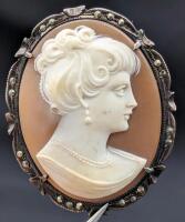 Vintage Real Shell Cameo Woman With Earrings Brooch / Pendant in Stamped STERLING Frame, 1.25" &times; 1.5"