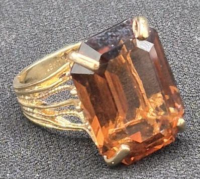18K HGF Stamped sz 8 Large Amber Stone Ring
