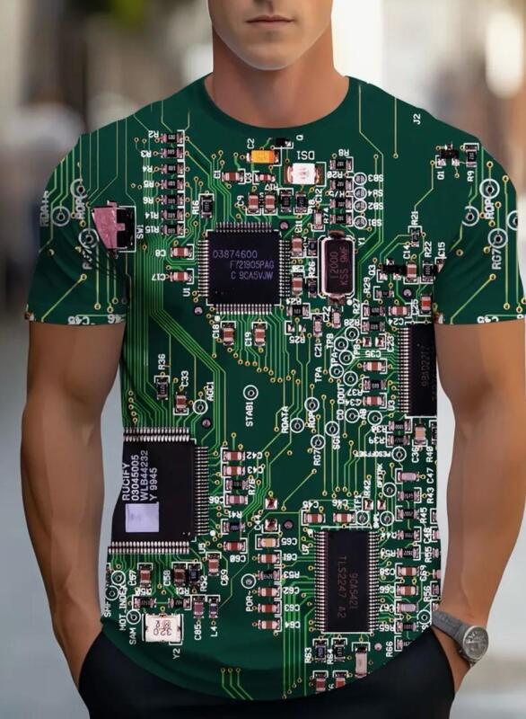 New Men&rsquo;s Size XL 3D Circuit Board Print T-Shirt Green Short Sleeve Casual Integrated Circuit Design, Regular Fit Round Neck Breathable / Nerd, Funny Gift 100% Polyester Stock photos added