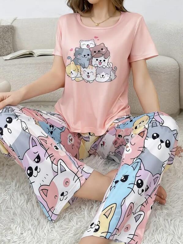 New Women&rsquo;s Size Large 2pcs Cute Cat Pajama Set Casual Round Neck Short Sleeve T-Shirt Top and Elastic Pants, Stretch Fabric, Machine Washable Loungewear Machine Washable 95% Polyester 5 % Elastane Stock photos added