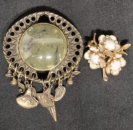 2 Vintage Brooches - Green Stone with Charms 3" Wide