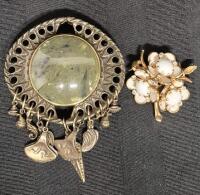 2 Vintage Brooches - Green Stone with Charms 3" Wide