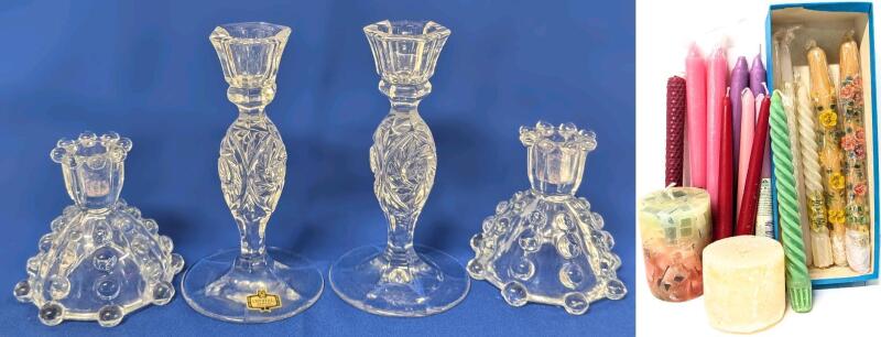 4 Vintage Candle Holders : Zajecar Yugoslavia Crystal & Unsigned Rudolf Schrotter-Style 3.5" - 6.25" No Chips or Cracks & 16 Candles Up To 10" Tall