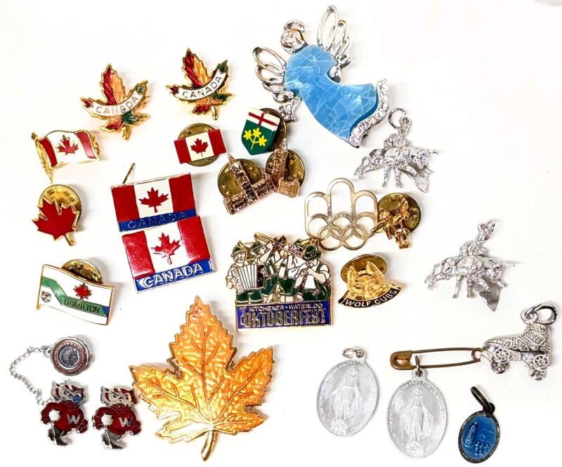 Vintage Signed LAUREN CONRAD Angel Brooch, Canada, Parliament Oins, Maple Leaf Brooch, 3 Non-Magnetic Charms (2&times; Matador, 1&times; Rhinestone Roller Skate), 3 Religious Medallions + Wisconsin Numen Lumen Sterling Silver Brooches, Up To 1.8" Long