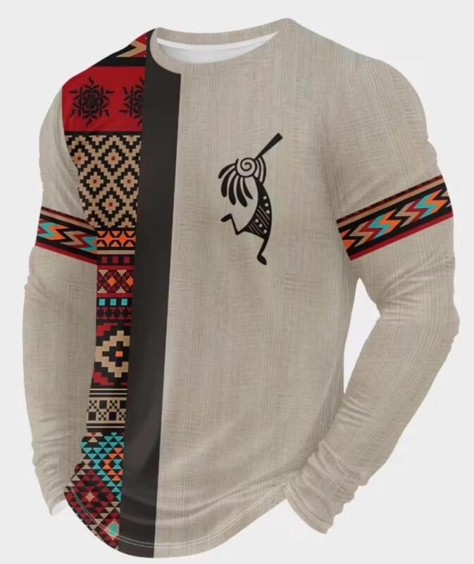 New Men&rsquo;s Size XL Men's 3D Tribal Print Long Sleeve T-Shirt - Beige & Black Southwestern Turquoise Design, Casual Round Neck Top Machine Washable 100% Polyester Stock photos added