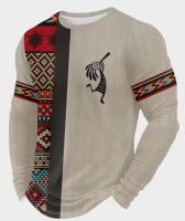 New Men&rsquo;s Size XL Men's 3D Tribal Print Long Sleeve T-Shirt - Beige & Black Southwestern Turquoise Design, Casual Round Neck Top Machine Washable 100% Polyester Stock photos added