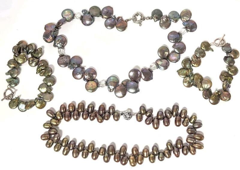 Vintage Freshwater Petal Pearl / Coin Pearl Side-Drilled Necklace & 2 Bracelets 7", Toggle Clasp + Oval Tahitian Pearl Necklace 14.5"