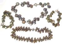 Vintage Freshwater Petal Pearl / Coin Pearl Side-Drilled Necklace & 2 Bracelets 7", Toggle Clasp + Oval Tahitian Pearl Necklace 14.5"