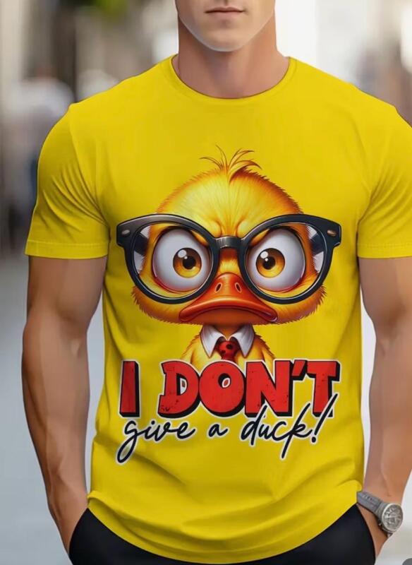 New Size XXL Men&rsquo;s Funny "I Don't Give a Duck!" Cartoon Duck Graphic T-Shirt Vibrant Yellow Casual Short Sleeve Round Neck Tee with Orange Duck & Glasses Design Machine Washable 95% Polyester 5% Spandex Stock photos added