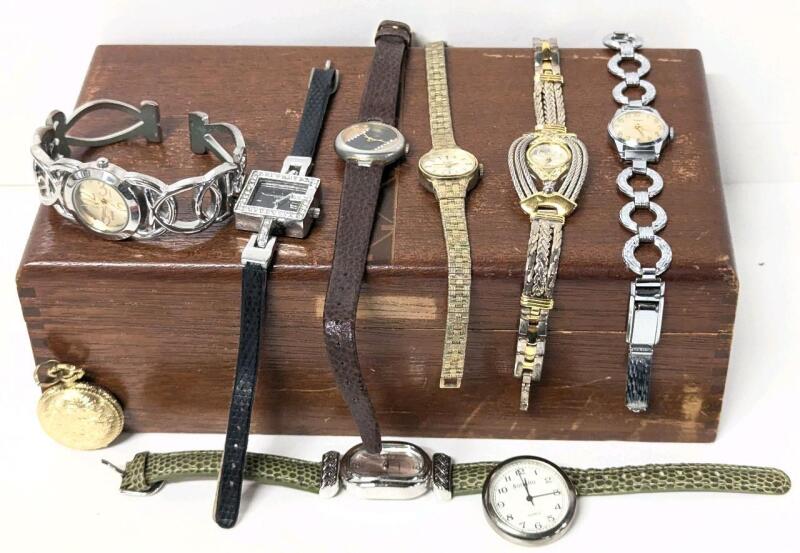 9 Vintage Watches Incl Timex, Working Elka Manual Wind Pocket Watch, Limit International, Suisse C-959, All in Real Mahogany Wood Jewelry Box 5" &times; 8.75" &times; 3.15" Tall