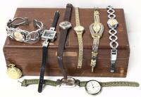 9 Vintage Watches Incl Timex, Working Elka Manual Wind Pocket Watch, Limit International, Suisse C-959, All in Real Mahogany Wood Jewelry Box 5" &times; 8.75" &times; 3.15" Tall