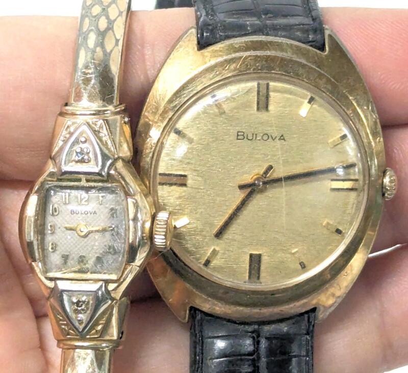 10k Gold Filled BULOVA L7 Women's Manual Wind Bracelet Watch (One Arm Spring Broken, Begins Ticking After Being Wound) & BULOVA M9 Men's Watch (Non-Functional Likely Needs Servicing)