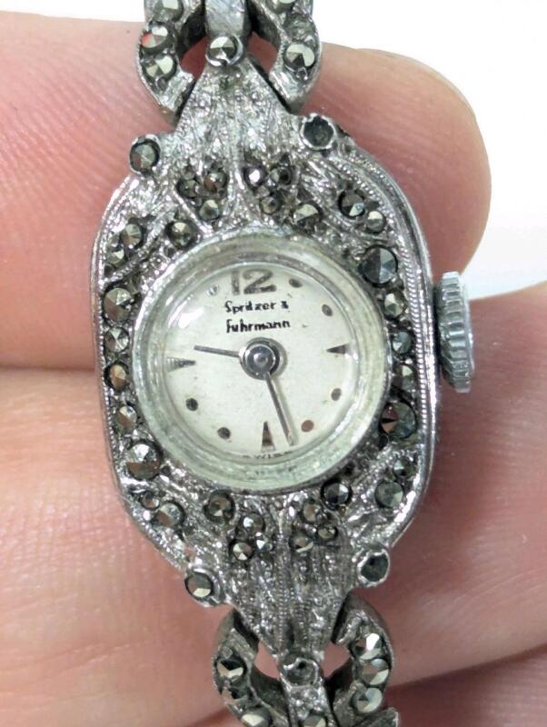 Vintage SPRITZER & FUHRMANN Manual Wind Ladies Watch Marked G9447, Encrusted With Presumed Marcasite Rhinestones + Safety Chain, Box Clasp, 2 Missing Stones, Begins Ticking When Wound