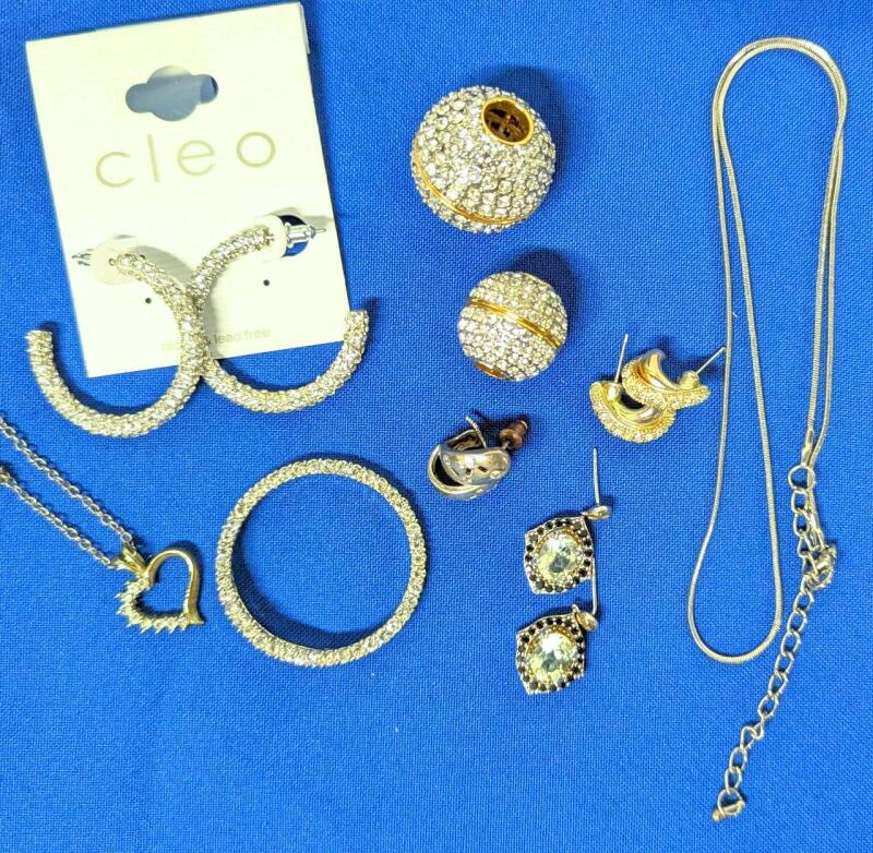 Vintage Iced Out & Rhinestone Jewelry: 4 Pairs Pierced Earrings, 2 Encrusted Round Beads, Necklace, Chain, Scarf Ring, Chains Up To 20"