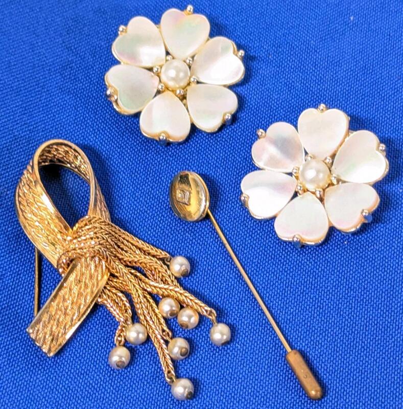 Vintage Braided Bow With Dangly Faux Pearls Brooch, Adorable Locket Stick Pin & Pair of Mother Of Pearl MOP Faix Pearl Flower Clip-On Earrings, Up To 2.15" Long