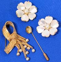Vintage Braided Bow With Dangly Faux Pearls Brooch, Adorable Locket Stick Pin & Pair of Mother Of Pearl MOP Faix Pearl Flower Clip-On Earrings, Up To 2.15" Long