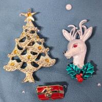 3 Vintage Holiday Brooches Up To 2.4" Long