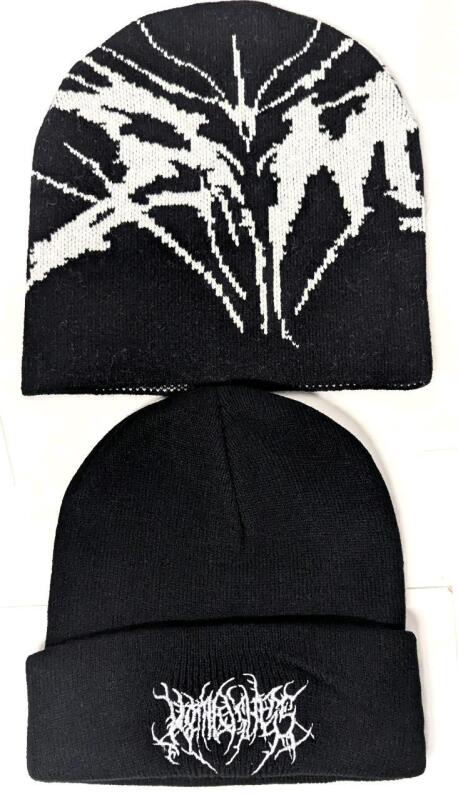 2 New O/S Unisex Knitted Beanies, 1 "Ruthless" Death Metal Font Embroidery, Other With Knitted Print