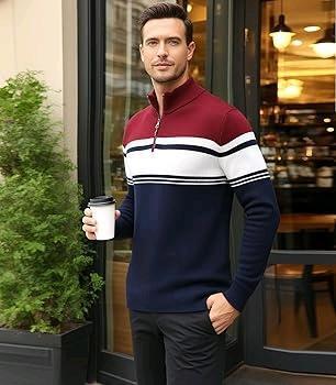 New Size XL Men's 1/4 Zip Up Striped Pullover Sweater