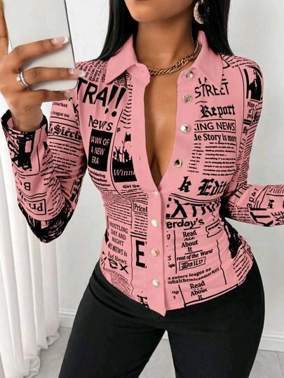 New Size XL Women's Fitted Newsprint Long-Sleeve Button-Up Top