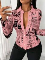 New Size XL Women's Fitted Newsprint Long-Sleeve Button-Up Top