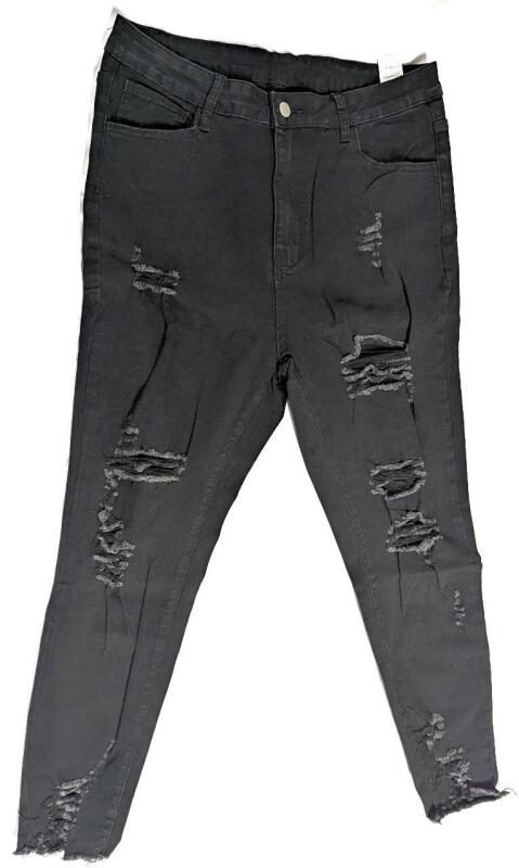 New Size 1XL Women's Distressed Ripped Dark Wash Cotton Blend Jeans With Stretch