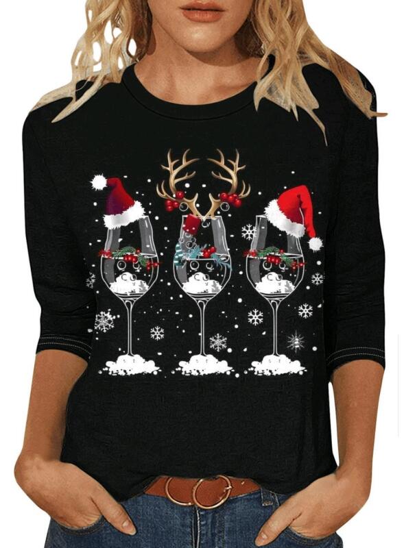 New Size Large Women's &frac34; Length Sleeve "Christmas Cheers" Graphic Print Top With Front & Back Print