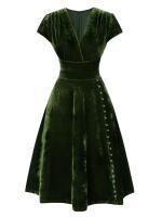 New Size XL Women's RETRO STAGE 1940s Deep V-Neck Pearl Velvet Dress