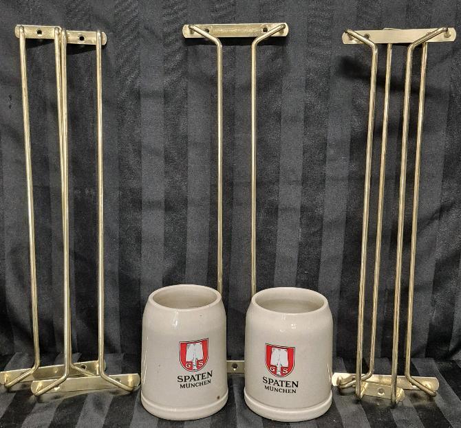Vintage Beer Steins & 5 Metal Glassware Racks 15.75" Long