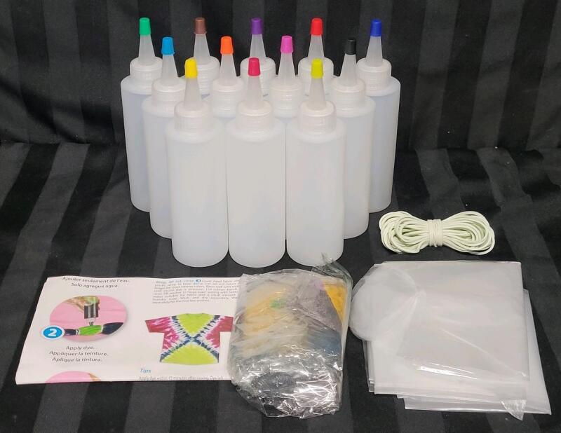 New - Tie-Dye T-Shirt Starter Kit . Includes : 12 Color Bottles , 12 Color Powder , Rubber Bands , Gloves & Instructions .