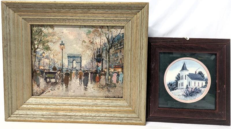 Vintage Signed Framed Painting on Board Street Painting & Small Framed Catherine Karnes Munn "The Old Country Church" Print, 8.7" &times; 8.7" to 13.75" &times; 11.75"