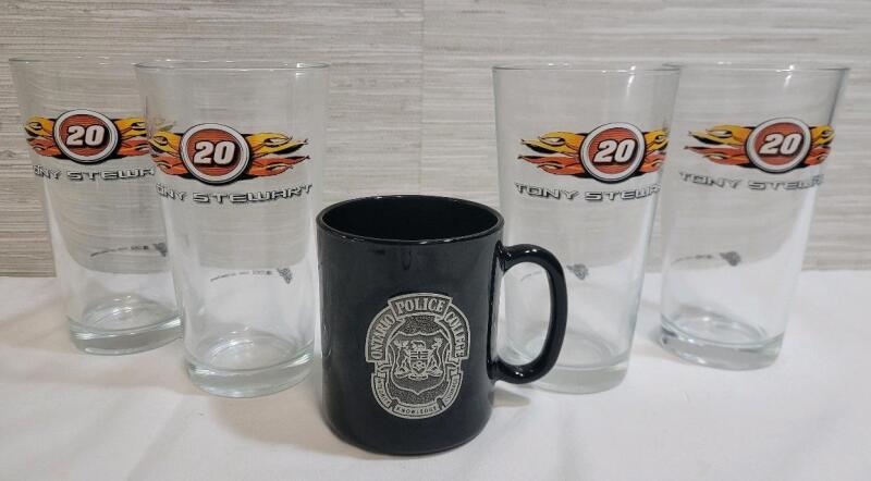 Four (4) NASCAR #20 Tony Stewart Glass Tumblers & Ontario Police Collage Coffee Mug