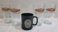Four (4) NASCAR #20 Tony Stewart Glass Tumblers & Ontario Police Collage Coffee Mug