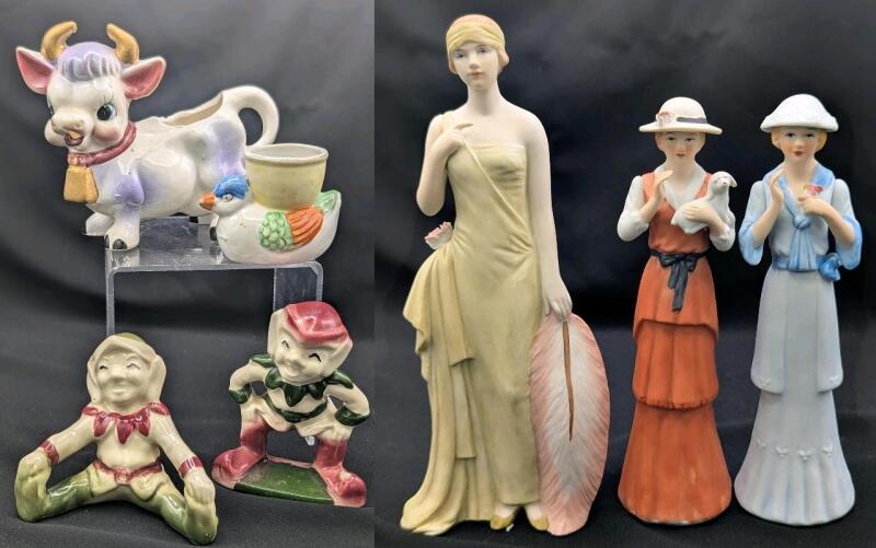Vintage Porcelain & Ceramics: 2 Ceramic Elves, Adorable Cow Creamer Japan, Duck Egg Cup Occupied Japan, Capodimonte-Style Woman Figure, 2 Korean Woman Figures, Up to 7.5" Tall, Heavy Crazing on Creamer, Rough Spots Along Most Edges