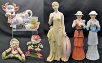 Vintage Porcelain & Ceramics: 2 Ceramic Elves, Adorable Cow Creamer Japan, Duck Egg Cup Occupied Japan, Capodimonte-Style Woman Figure, 2 Korean Woman Figures, Up to 7.5" Tall, Heavy Crazing on Creamer, Rough Spots Along Most Edges