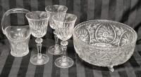 Vintage Crystal Dishes - 3 Wine Glasses, Basket & Centerpiece Bowl