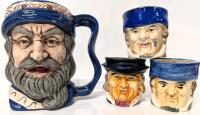 3 Vintage Occupied Japan Mini Toby-Style Mugs & Larger Handpainted Bisque Byron Molds Toby-Style Mug, 2.5" - 5.25" Tall, No Chips or Cracks, Crazing Present