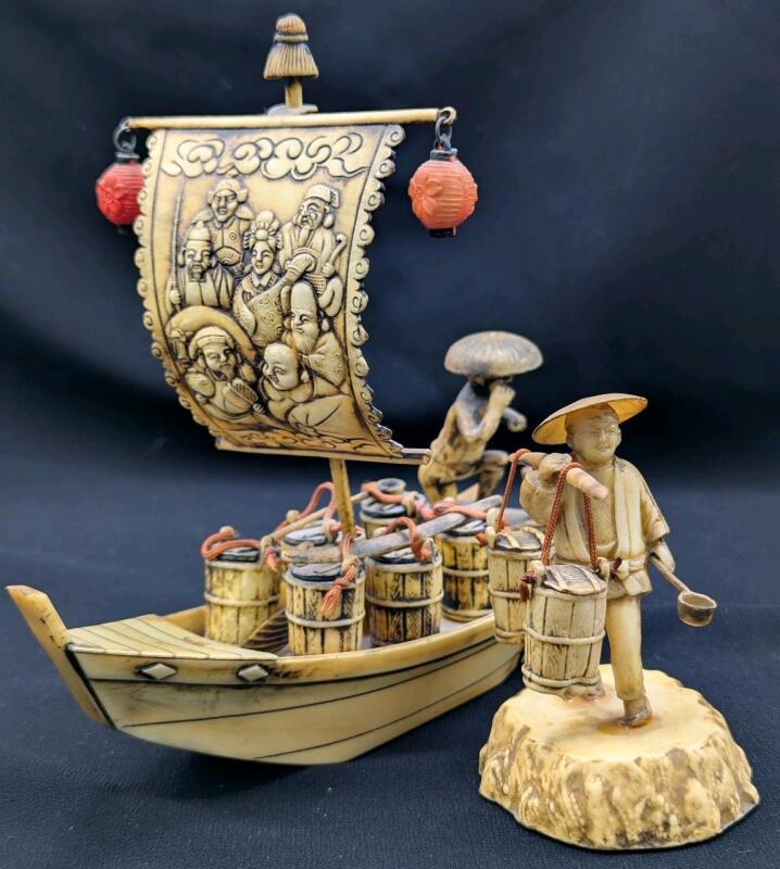 Vintage Celluloid Miniatures : 7 Immortals Junk Boat & Peasant With Buckets, Up to 6" Tall, Rudder Broken, Feet of Peasant Repaired