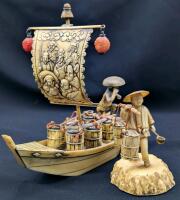 Vintage Celluloid Miniatures : 7 Immortals Junk Boat & Peasant With Buckets, Up to 6" Tall, Rudder Broken, Feet of Peasant Repaired