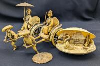 Vintage Celluloid Miniatures: 2&times; Rickshaws With Geisha & Clam Shell Diorama With Movable Water Wheel, Up to 4" Tall, Broken Parasol, Clam Missing 1 Foot (Repaired)