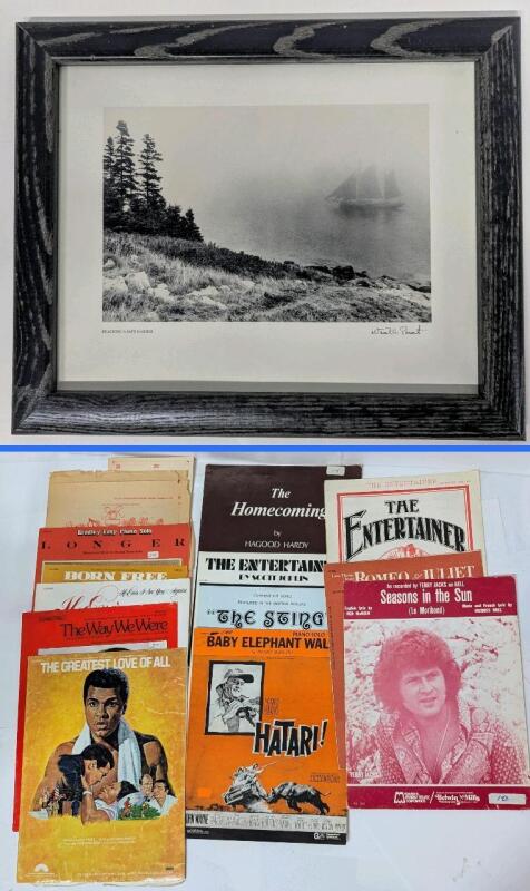 Vintage Framed "Reaching A Safe Harbor" Print 11.5" &times; 9.5" & Assorted Music Arrangements Incl Movies : Seasons In The Sun, Born Free, The Entertainer, Baby Elephant Walk + More