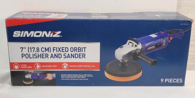 New - SIMONIZ Brushed Corded Hook & Loop Right Angle Fixed Orbit Adjustable Grip Polisher & Sander . Retail $145